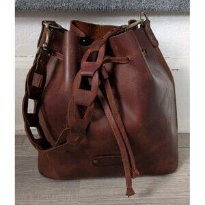 Haku Handmade Leather Wander Bucket Shoulder Bag w/ Drawstring Brown